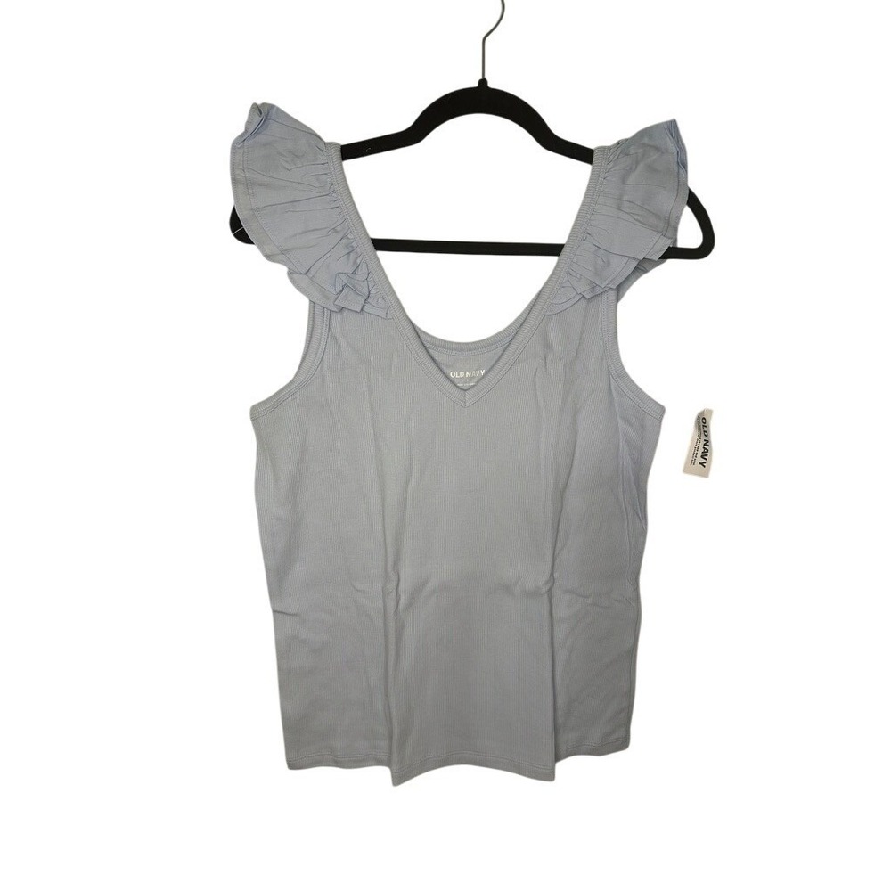 Old‎ Navy Womens Blue Ribbed Tank Top Sleeveless Ruffle Shoulders Casual L